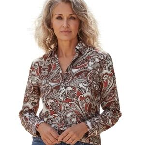 Chico’s Rust/Cream Paisley Medallion Long Sleeve Blouse Size 12